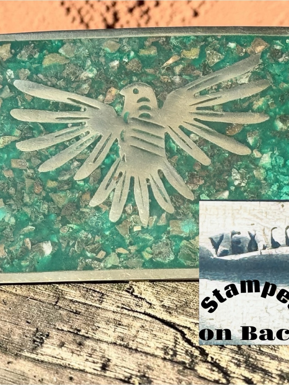 VTG Stamped Mexico Silver Belt Buckle Thunderbird Mosaic Art Southwestern Design